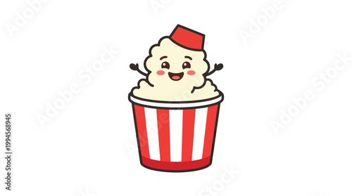 Cute Popcorn Mascot Character Wearing Red Fez Hat in Striped Bucket Ka