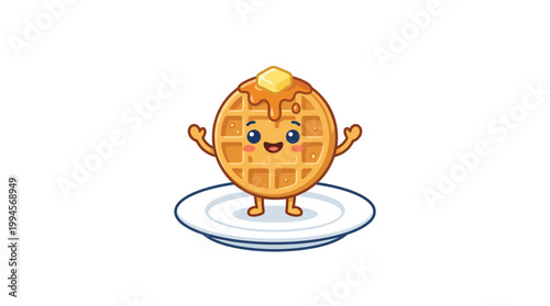 Cute Waffle Mascot Character with Melting Butter and Maple Syrup on a