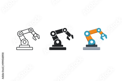 Set of three industrial robotic arm icons in outline, solid, and colored styles, showing automated assembly machinery for manufacturing and factory use