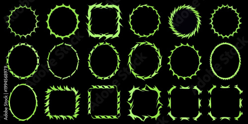 Collection of vibrant green thorn covered oval and rectangular frames on black