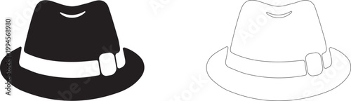 Black fedora hat. Vintage fashion accessory.  Vector icon in flat design and line art.
