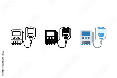 Set of minimalist medical infusion pump and IV drip bag icons in outline and colored styles, representing hospital equipment and patient treatment