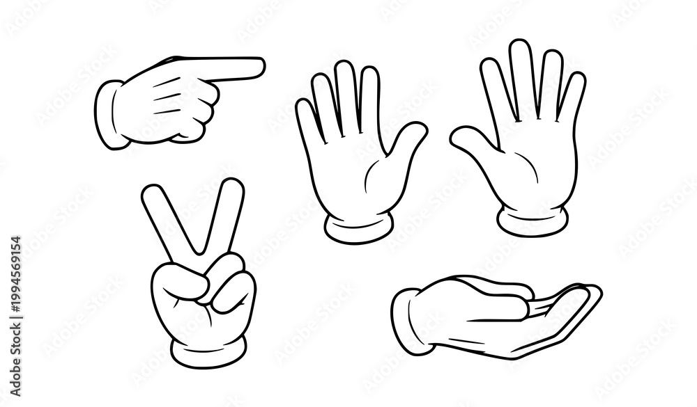 Fototapeta premium White glove cartoon hands vector set gesture icons pointing waving