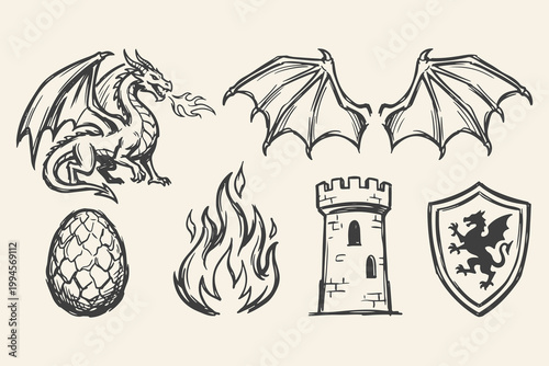 Hand drawn fantasy medieval elements set with dragon, wings, egg, fire, tower and heraldic shield in line style..