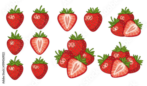 Strawberry fruit vector icon set whole sliced juicy berry illustration
