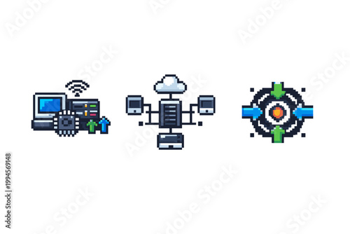 Pixel art icons illustrating networked server infrastructure with cloud data exchange, wireless connectivity, and a central synchronization target symbol