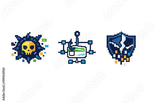 Pixel art game icons set featuring a skull splatter emblem, a circuitry-linked monitor with antenna, and a shield with crack and particle effects