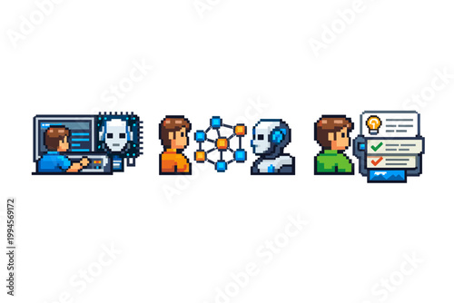 Pixel art workflow icons showing a developer coding AI, neural network connections, human and robot collaboration, and checklist-based approval process