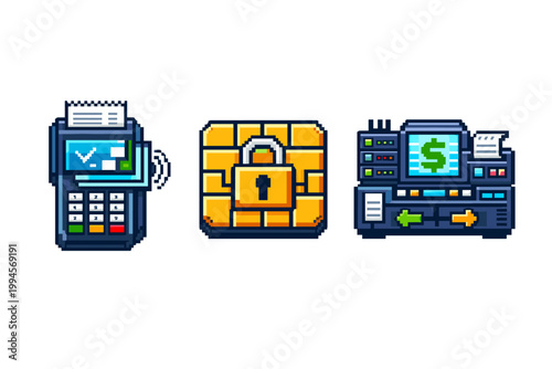 Pixel art icons of payment terminal, secure credit card with padlock, and cash register display, representing protected transactions and retail finance