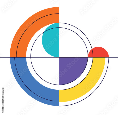 Colorful overlapping circular segments forming a modern abstract design on white background