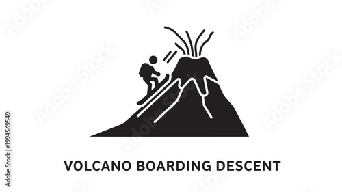 Minimalist volcano boarding descent vector icon featuring an extreme athlete on a volcano slope, isolated on white background for adventure travel branding