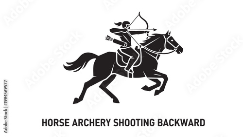 Minimalist horse archery icon featuring an equestrian archer shooting an arrow backward, vector illustration isolated on white background for historical, ancient sports, and combat training branding