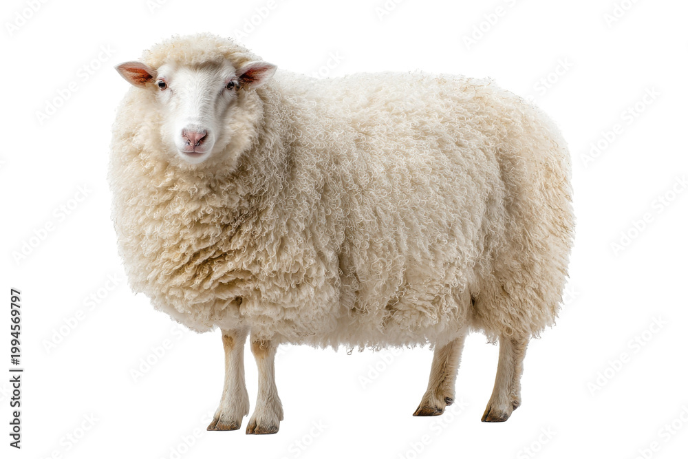 Fototapeta premium Fluffy white sheep standing facing forward isolated on transparent background. Adult white domestic sheep with thick wool, full body isolated on white background.