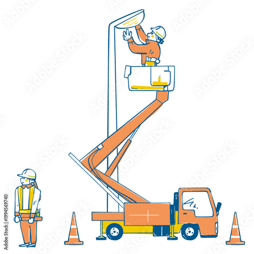 高所作業車で街灯を点検する電気工事士と安全を守る警備員 社会インフラの保守メンテナンス現場 手書き風イラスト ベクター