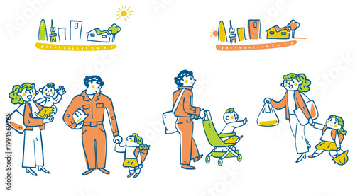 ブルーワーカーの夫とスーツの妻の共働き家族 朝の登園と夕方の帰宅シーン対比 ワークライフバランス 手書き風イラスト ベクター