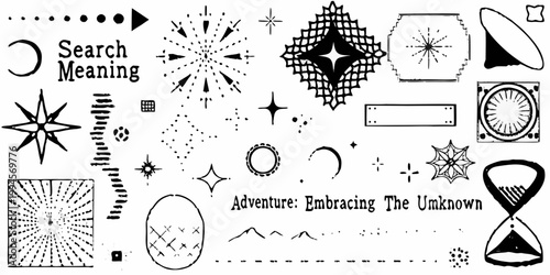 Abstract black and white doodles with text search meaning and adventure