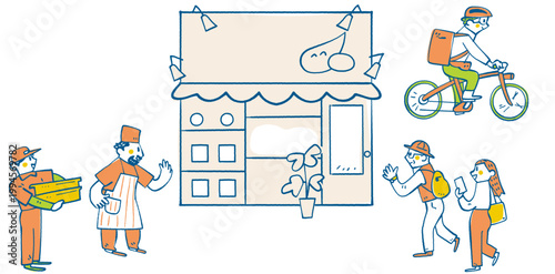 食による交流カレー店と物流の繋がり 外国人店主と配送業者 デリバリー配達員 手書き風イラスト ベクター