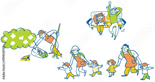 多文化共生と多世代が交差する地域の公園 清掃シニアと外国人技能実習生 保育園の散歩 手書き風イラスト ベクター