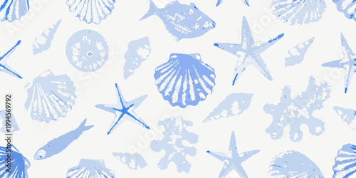 A seamless pattern featuring blue seashells starfish and stylized fish