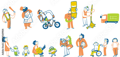 働く人と暮らしのクリエイティブ素材キット 社会インフラを担う職業・車両・人物パーツ集 手書き風イラスト ベクター