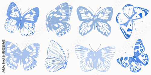A collection of delicate blue butterflies in a sketched artistic style