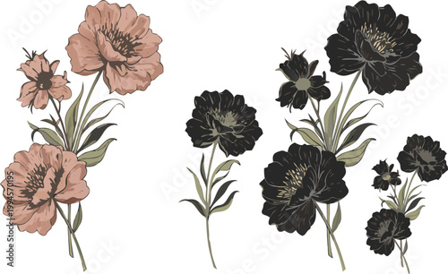 Collection of floral borders and frames in deep red and brown