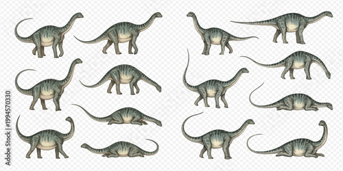 Set of cartoon brachiosaurus dinosaurs in various poses isolated on transparent background.