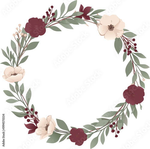 Floral wreath with red roses and pink flowers on white background