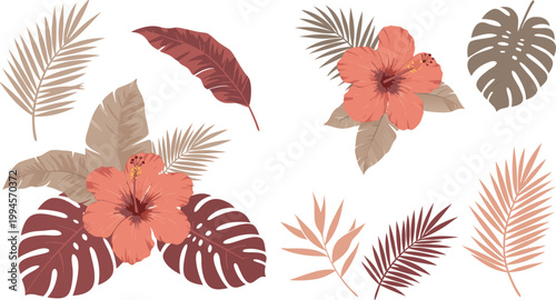 Tropical leaves and flowers in shades of brown and orange on white background