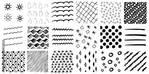 Collection of hand drawn doodle patterns and abstract black ink textures