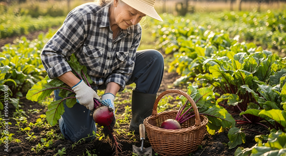 Fototapeta premium Senior woman harvesting beetroots in garden. She kneels down beside rows of vegetables while filling her basket, showcasing concepts of sustainable agriculture, gardening, and healthy living.