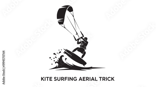 Kite Surfing Aerial Trick Logo Design; Dynamic Extreme Sports Illustration Featuring Kite surfer Jumping and Water Splash for Adventure, Beach, and Water Sports Branding