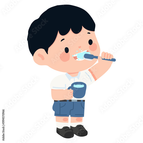 Boy Brushing Teeth Showing Healthy Dental Care Routine