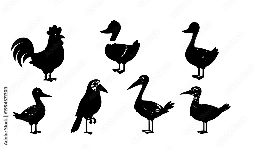Obraz premium Cute Cartoon Bird Sticker Set Vector Rooster Duck Goose Parrot Stork Seagull Illustration