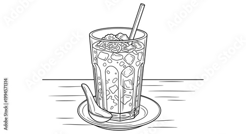 Minimalist Line Art Vector of Two Refreshing Iced Drinks with Straw