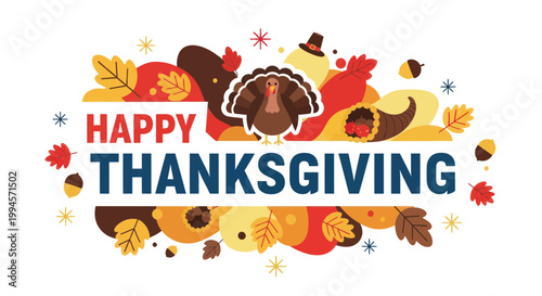 Happy Thanksgiving Greeting Card with Turkey, Autumn Leaves, and Cornucopia