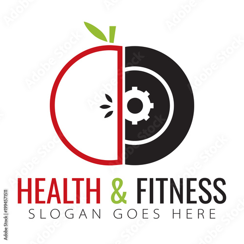 Health and fitness logo designed with apple and weights. Logo for fitness with healthy food item and gym equipment. Balanced living concept