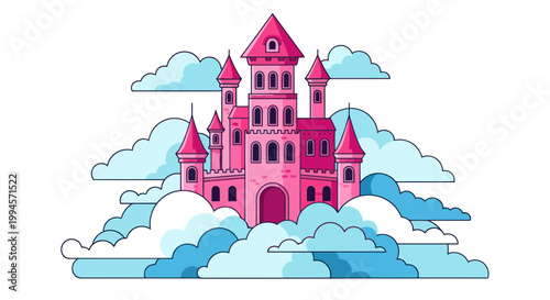Magical Pink Castle Floating Among Clouds, Fairytale Illustration