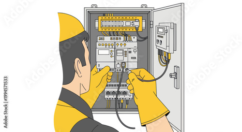 Electrician working on electrical panel, connecting wires in distribution box