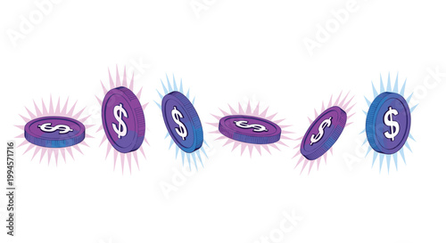 A row of floating purple and blue dollar sign coins floats dynamically with radiant light bursts against a clean and minimalist white background space.