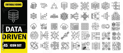 Data Driven Icon Set – Big Data Analytics, Algorithm, Data Mining, Machine Learning, AI, Predictive Analysis, Database, Visualization and Business Intelligence Line Icons – Thin Line Editable Stroke V