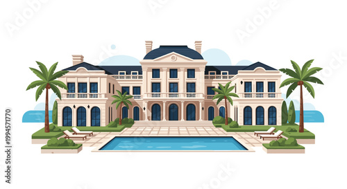 A grand luxury mansion with classical columns overlooks a pristine swimming pool and palm trees under a clear sky by the beautiful blue ocean shore in daylight.