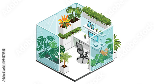 An isometric glass office cubicle is densely filled with various lush green indoor plants creating a vibrant and refreshing natural workspace environment.