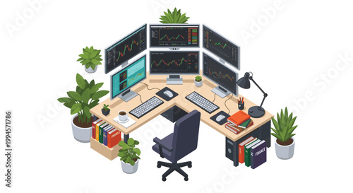An elaborate corner workstation is equipped with six monitors showing real-time stock market data surrounded by lush indoor plants in a bright professional office.