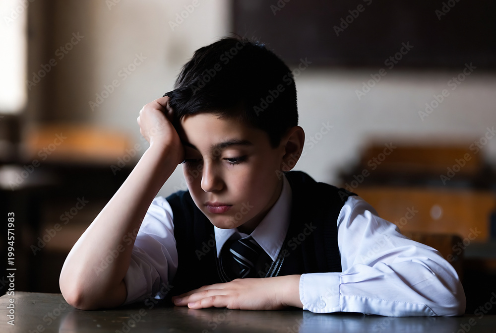 Fototapeta premium A young boy sits alone, looking downcast and resting his head on his hand at a desk in what appears to be an old classroom.