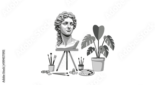 A sophisticated monochrome illustration depicts a classical plaster bust on a stand surrounded by artistic tools and a large leafy monstera plant in grayscale.