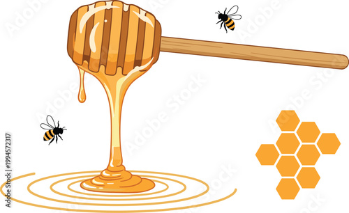 Honey dipper dripping golden honey with bees and honeycomb natural sweet organic food concept vector illustration