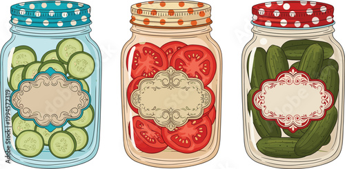 Pickled vegetables in glass jars with cucumber tomato and preserved food homemade canning illustration vintage style vector set