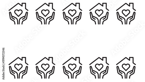 charity, heart, house, icons, set of 8, black, line art, nonprofit, care, support, vector graphics