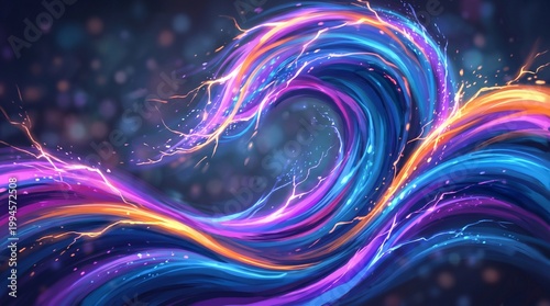 A dynamic abstract wave of glowing blue, purple, and orange light trails with electrical sparks and bokeh effects.